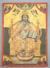 A 19th century tempera on panel icon, probably Russian, 22.5 x 16.25in.                                                                