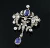 A late Victorian gold and silver, two stone sapphire, round and rose cut diamond set drop brooch, 37mm.                                