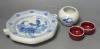 A Chinese blue and white water pot and two sang de boeuf cups and a plate warmer                                                                                                                                            