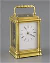 A mid 19th century French lacquered brass hour repeating carriage clock, width 3.5in. depth 3in. height 5.25in                         