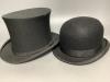 A collapsable top hat and a bowler riding hat                                                                                                                                                                               