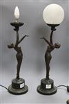 A pair of Art Deco style bronzed metal table lamps, the bases formed as female nudes with outstretched arms                            