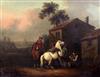 Attributed to Philip Wouwermans (1619-1668) Riders beside a cottage with a farrier shoeing a horse 22 x 28.5in.                        
