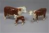 A Beswick early Hereford cattle family comprising bull 949, cow 948 and calf 901B, roan gloss                                          