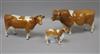 A Beswick Guernsey cattle family, comprising bull 1451, cow 1248A (separate horns) and calf 1240A, gloss                               
