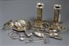 Sundry small silver and white metal items, including a pair of dwarf candlesticks, a Christofle dish, three napkin rings, spoons, etc. 