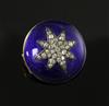 A Victorian gold, blue guilloche enamel and old cut diamond set circular brooch, 22mm.                                                 