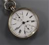 A Swiss 935 white metal chronograph open face pocket watch.                                                                            