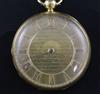 A 19th century 18ct gold open face keywind pocket watch by Aldred, Yarmouth, No. 154, with engraved Roman dial.                        