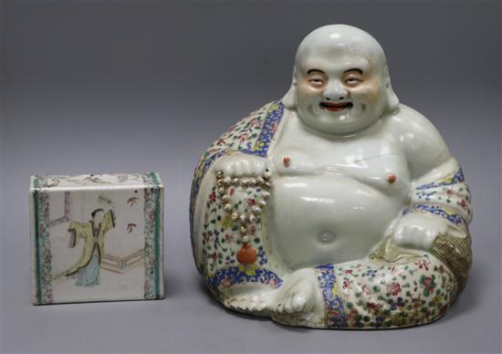 A Chinese famille rose figure of Budai and a Chinese pillow Budai 26cm
