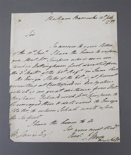 Lieut. General Sir John Moore (1761-1809), signed letter dated 12th July 1788, Lieut. General Sir John Moore (1761-1809), signed letter dated 12th July 1788,
