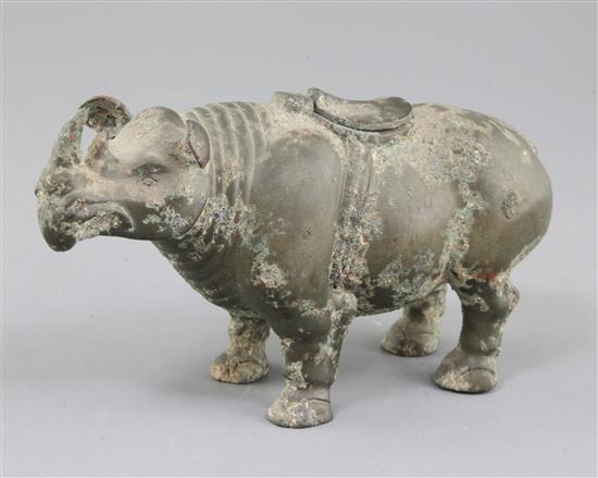 A rare Chinese archaic bronze ritual rhinoceros wine vessel, Zun, early ...