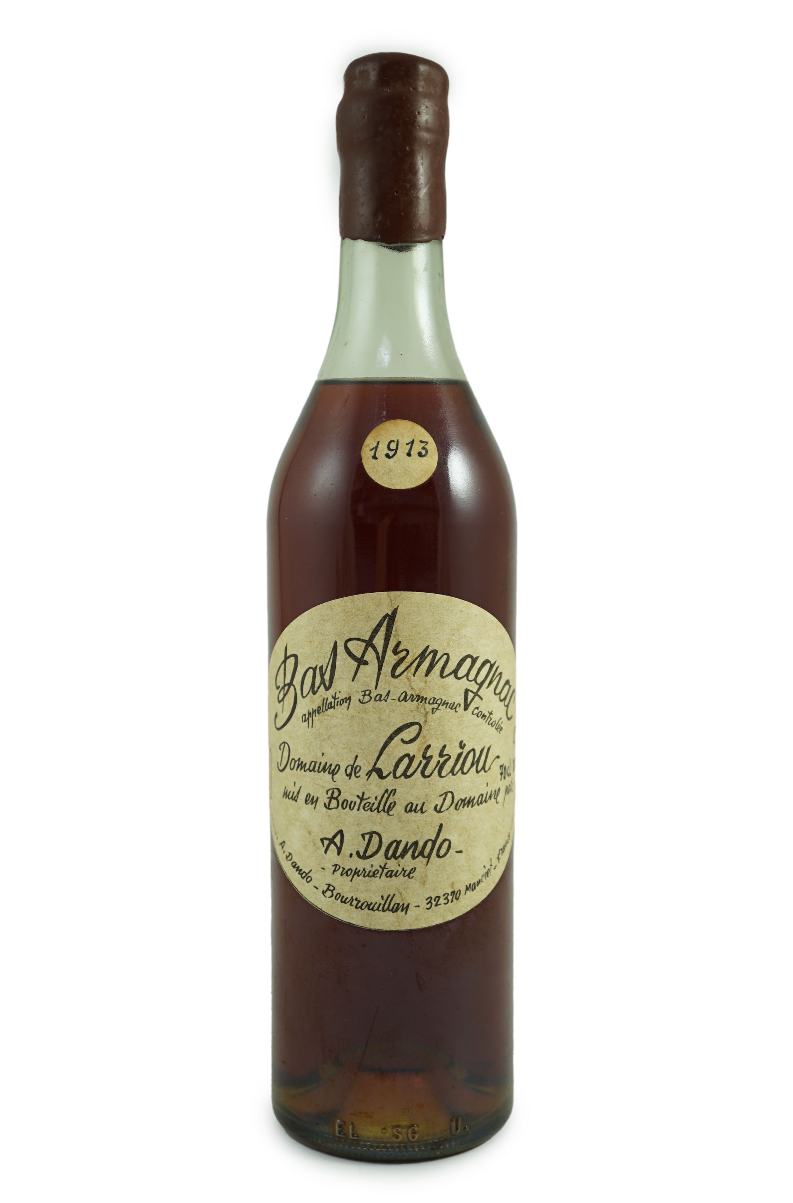 A bottle of Domaine de Larriou Bas Armagnac 1913, 31cm high