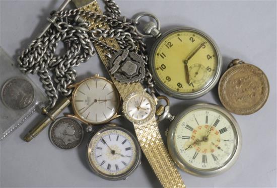 Three pocket watches and alberts, two wrist watches etc.