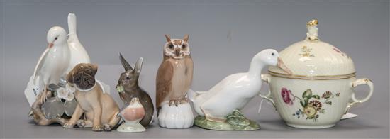 Five Royal Copenhagen animal models, a Bing & Grondahl figure of an owl and a Copenhagen Frijsenborg sucrier and cover, Five Royal Copenhagen animal models, a Bing & Grondahl figure of an owl and a Copenhagen Frijsenborg sucrier and cover,