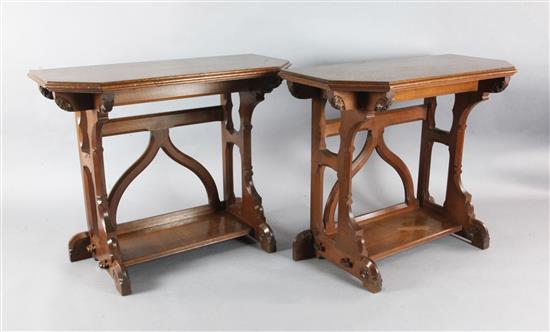 Attributed to A.W.N. Pugin. A pair of mid 19th century Reformed Gothic oak serving tables, probably made by J.G. Crace, W.3ft 6in. Attributed to A.W.N. Pugin. A pair of mid 19th century Reformed Gothic oak serving tables, probably made by J.G. Crace, W.3ft 6in.
