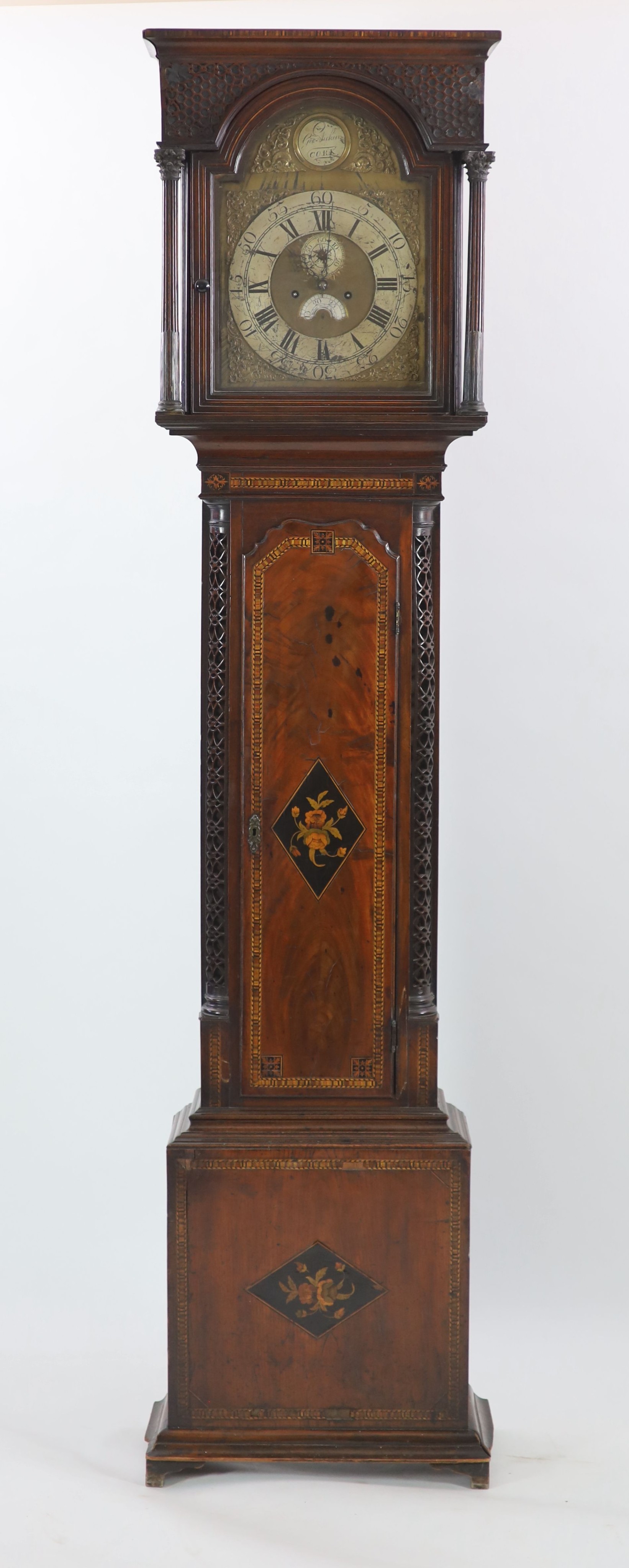 George Aickin of Cork. A George III inlaid mahogany eight day longcase clock, W.57cm H.236cm