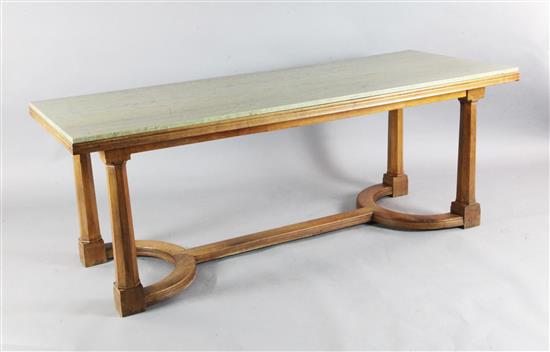 Sir Edward Brantwood Maufe (1882-1974). A walnut Swedish green marble topped refectory table, made by Crossley and Brown, L.6ft 6in. Sir Edward Brantwood Maufe (1882-1974). A walnut Swedish green marble topped refectory table, made by Crossley and Brown, L.6ft 6in.
