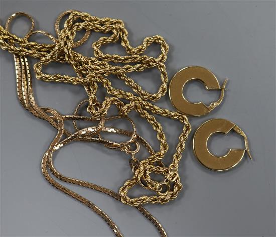 Two 9k gold necklaces and a pair of 9ct gold earrings. Two 9k gold necklaces and a pair of 9ct gold earrings.