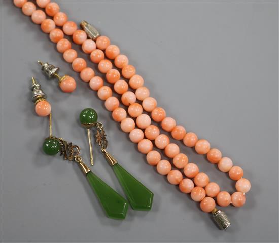 A pair of Chinese yellow metal and jade drop earrings and a coral style necklace and pair of ear studs. A pair of Chinese yellow metal and jade drop earrings and a coral style necklace and pair of ear studs.