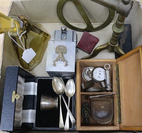 An Art Deco Amier decanter, small quantity of silver, pocket watch, pedometer, etc. An Art Deco Amier decanter, small quantity of silver, pocket watch, pedometer, etc.