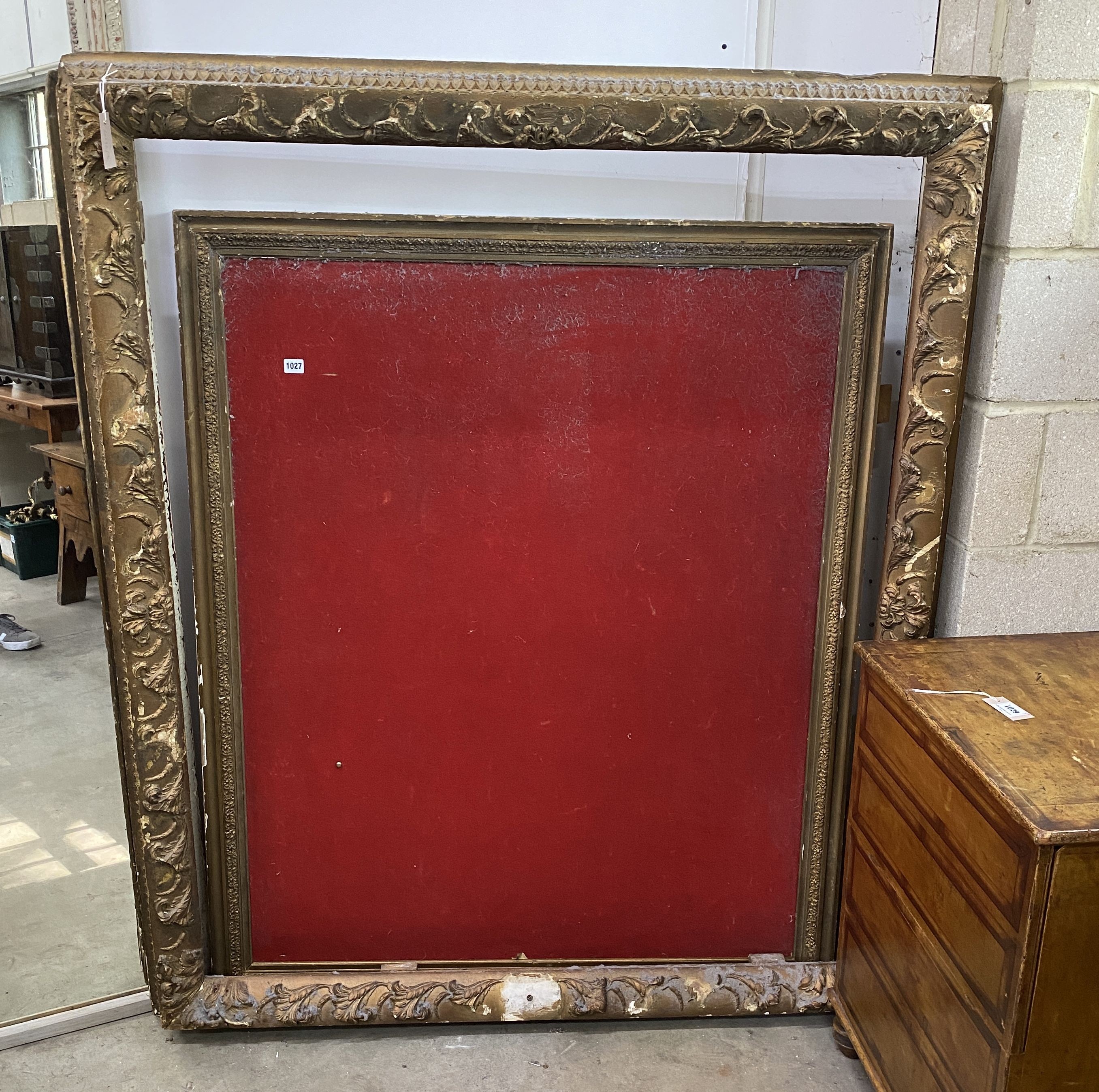 A 19th century giltwood and gesso rectangular frame with inner moulded slip, converted to a notice board, width 124cm, height 162cm