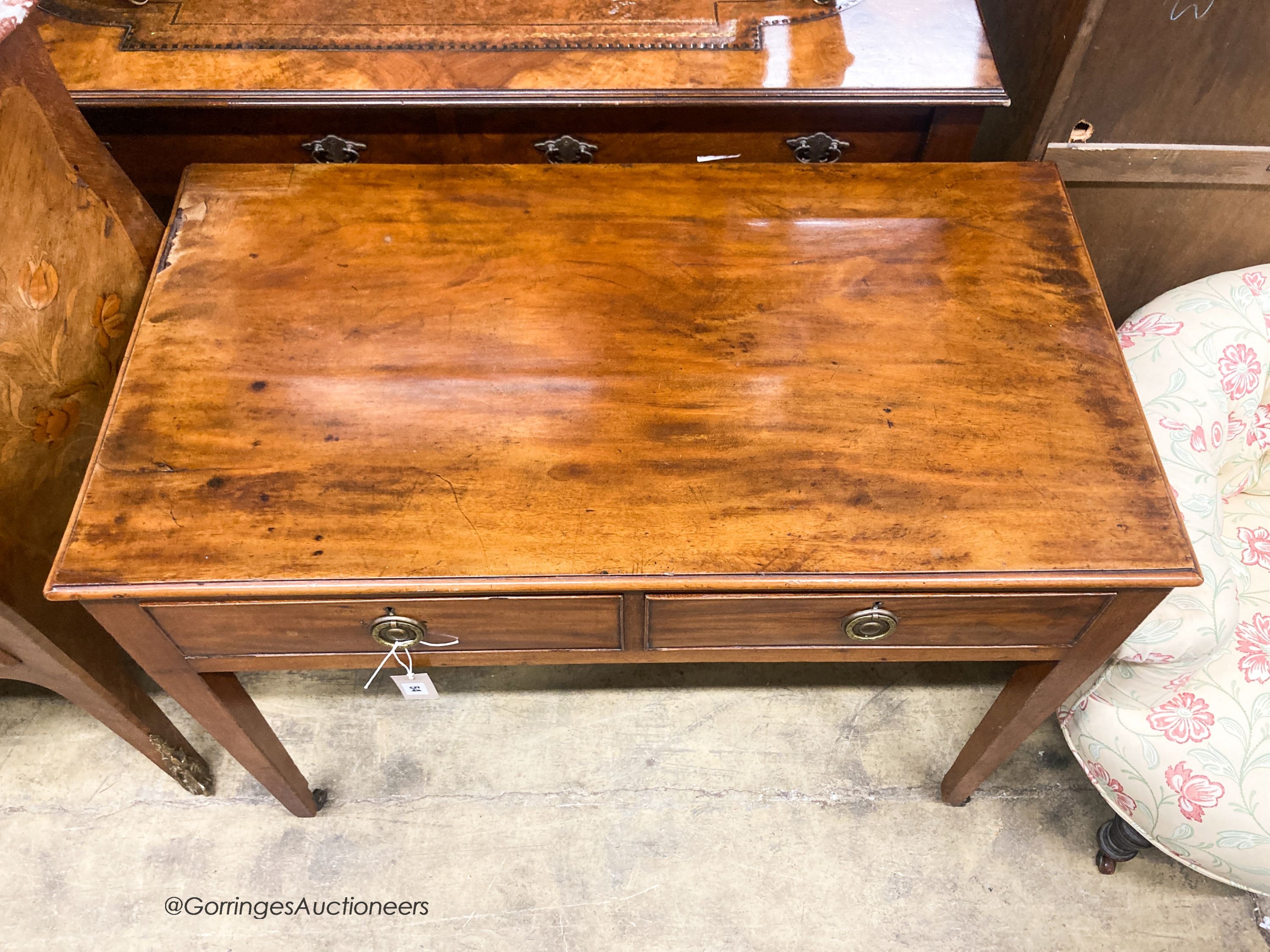 A George III mahogany two drawer side table, W.96cm D.53cm H.71cm