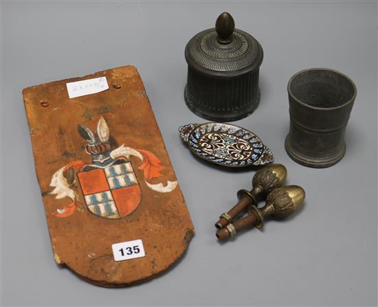 A Georgian tobacco jar, armorial terracotta panel etc