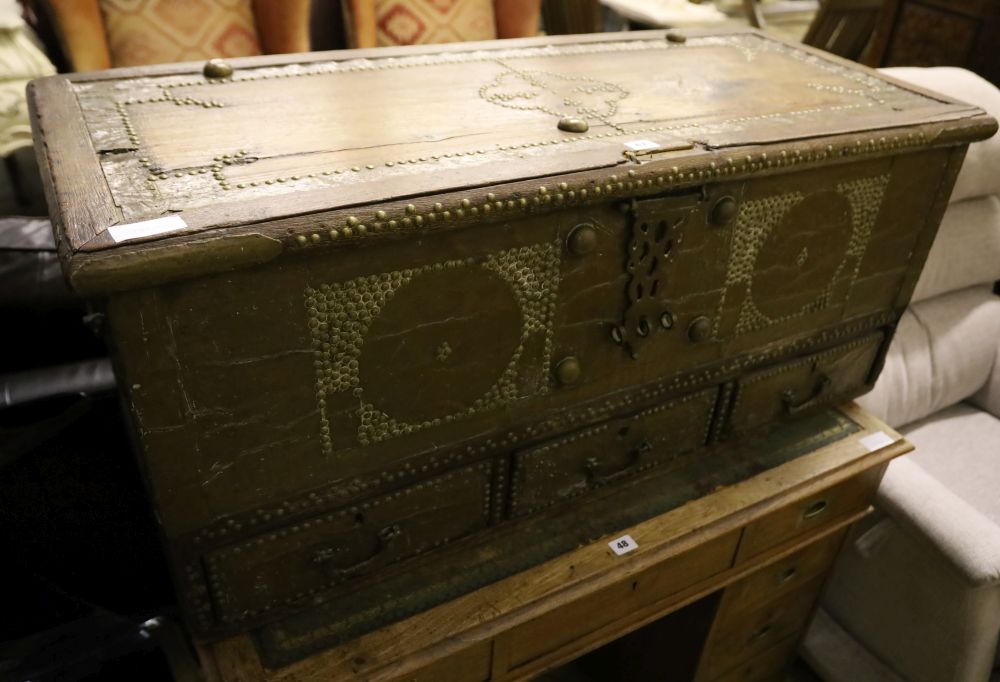 A 19th century teak and brass Zanzibar chest, width 110cm depth 47cm height 46cm