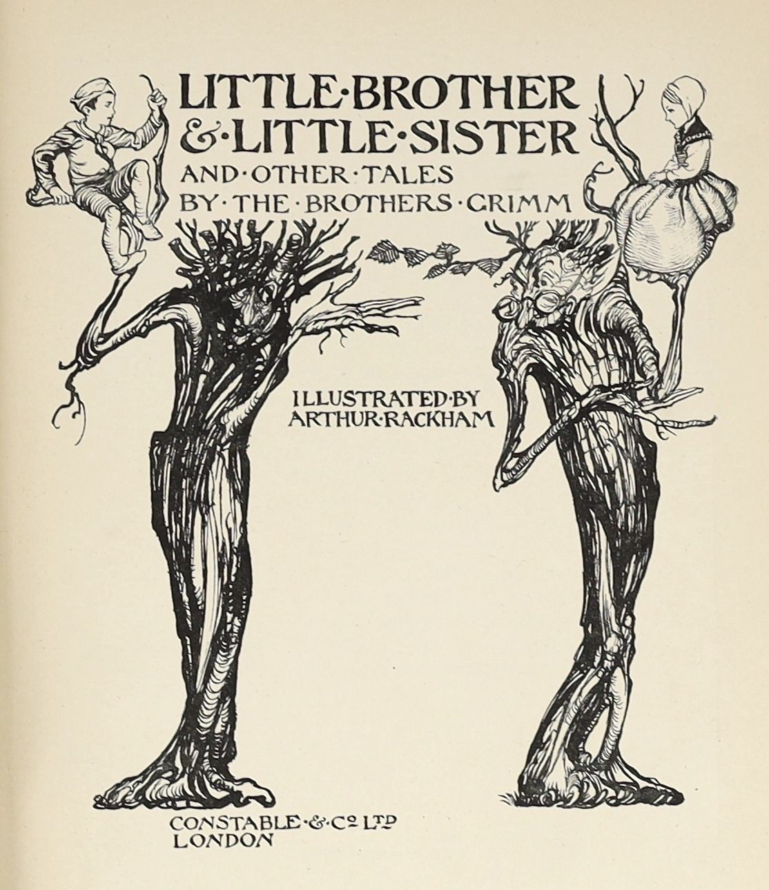 Grimm, Jacob and Wilhem - Little Brother & Little Sister, with frontis and 11 tipped-in colour illustrations by Arthur Rackham, 4to, green cloth gilt, Constable, London, 1917