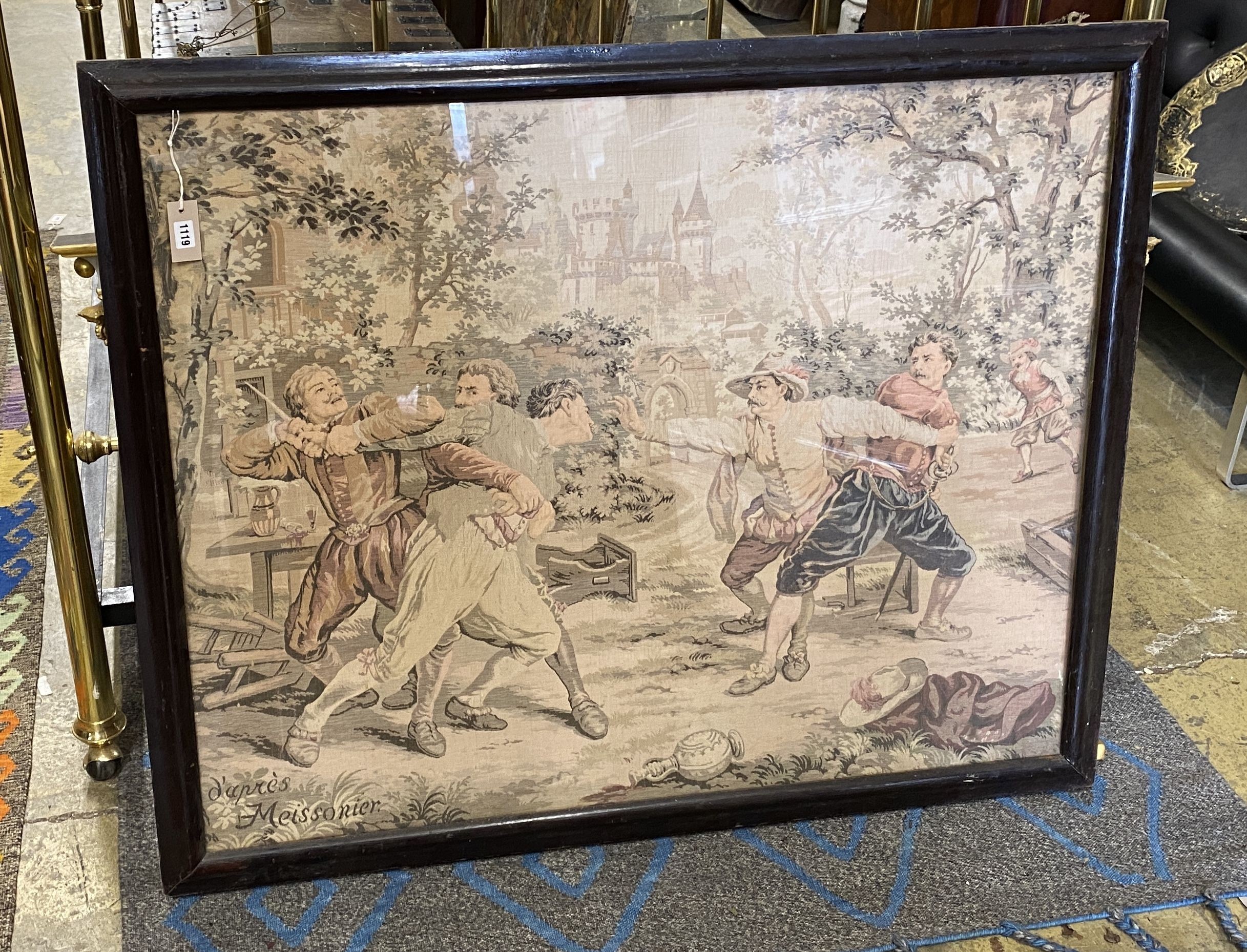 A framed machined tapestry panel, width 132cm, height 110cm