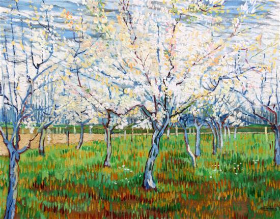 S. Huxley (20th C.) Orchard in blossom, 25 x 31in. S. Huxley (20th C.) Orchard in blossom, 25 x 31in.