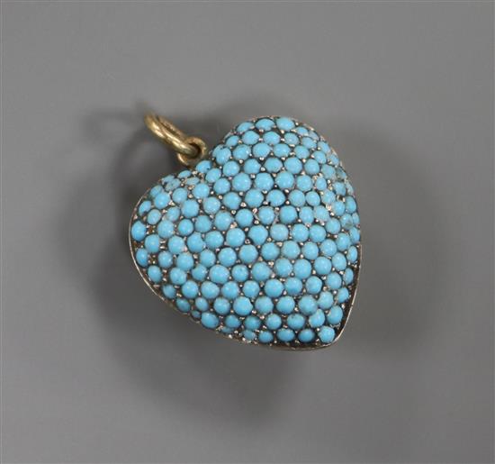 A yellow metal and pave set turquoise heart shaped pendant, 20mm. A yellow metal and pave set turquoise heart shaped pendant, 20mm.