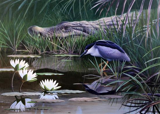 John Davis Crocodile and heron beside lily pads, 29 x 42in. John Davis Crocodile and heron beside lily pads, 29 x 42in.