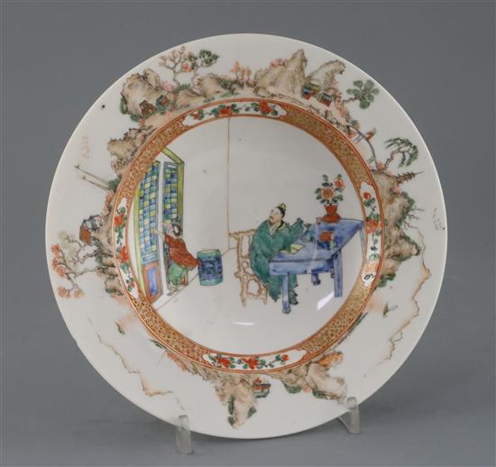 A French Kakiemon style porcelain soup plate, 18th or 19th century, D.22cm A French Kakiemon style porcelain soup plate, 18th or 19th century, D.22cm