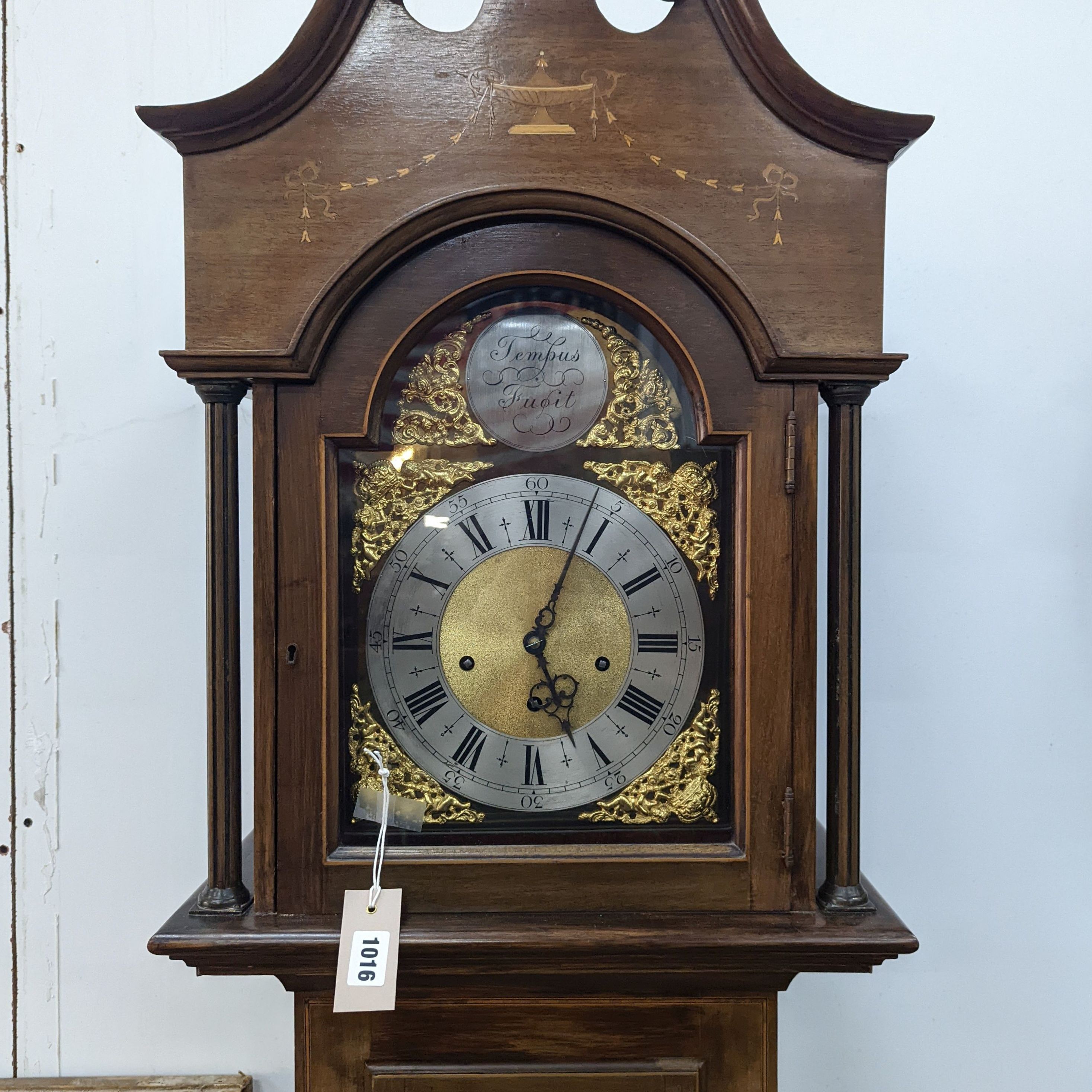 An Edwardian style inlaid mahogany 8 day longcase clock, height 216cm