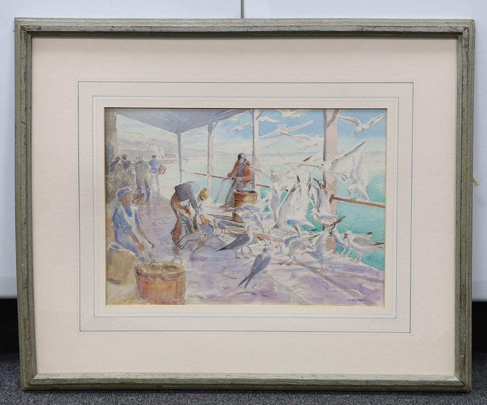 Arthur Royce Bradbury, ARWA (1892-1977) , watercolour, Fishermen and seagulls on the wharf, signed, 25 x 35cm