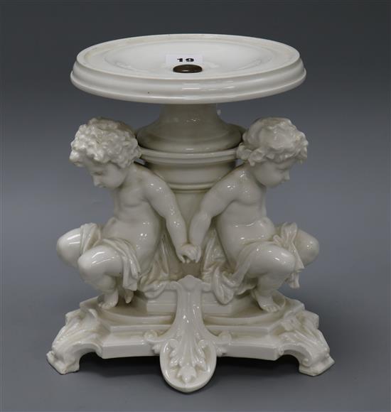 A Continental white porcelain centrepiece decorated with cherubs height 25cm