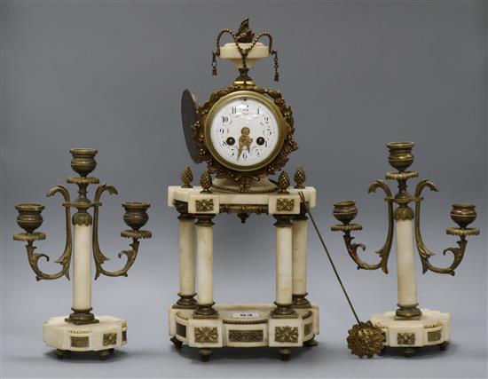 A white alabaster portico clock and garniture height 39.5cm