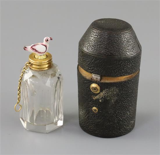 A late 18th century gold mounted glass scent bottle, the dove stopper possibly St James porcelain, H. 5.2cm, with original leather ca A late 18th century gold mounted glass scent bottle, the dove stopper possibly St James porcelain, H. 5.2cm, with original leather ca