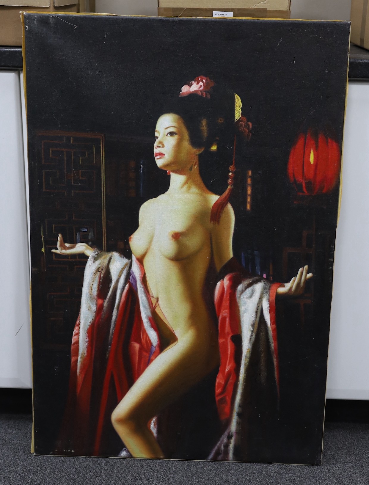 A modern oil on canvas of a nude geisha, 92 x 62cm, unframed