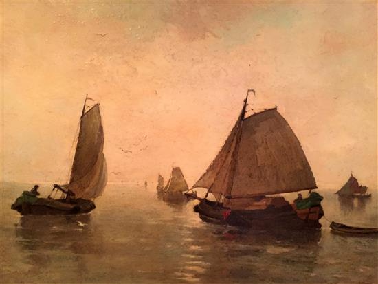 Adriaan Jozef Heymans (1839-1921) Fishing boats on a calm sea 29 x 39in. Adriaan Jozef Heymans (1839-1921) Fishing boats on a calm sea 29 x 39in.