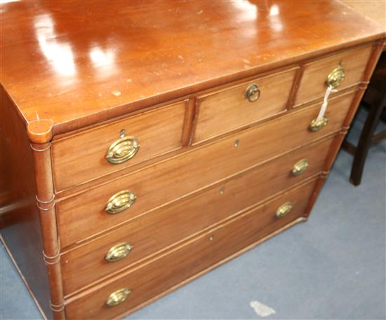 A George III mahogany chest of drawers W.111cm (lacking feet) A George III mahogany chest of drawers W.111cm (lacking feet)