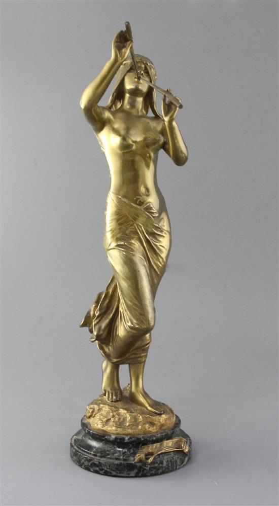 Edouard Drouot (1859-1935). A French ormolu figure of a pipe girl, La Muse des Bois, 20in. Edouard Drouot (1859-1935). A French ormolu figure of a pipe girl, La Muse des Bois, 20in.