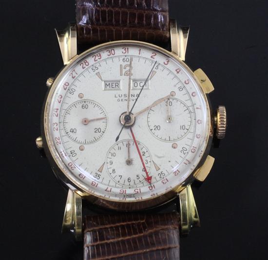 A gentlemans 1940s 18ct pink gold Lusina triple calendar chronograph manual wind wrist watch, A gentlemans 1940s 18ct pink gold Lusina triple calendar chronograph manual wind wrist watch,