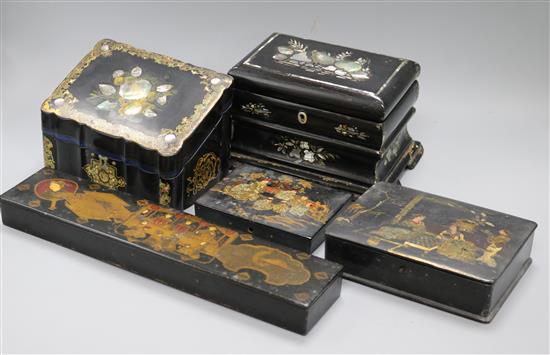 Two chinoiserie papier mache boxes and two mother of pearl tea caddies and a fan case length 34cm