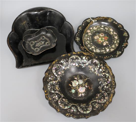 Two mother of pearl inlaid papier mache baskets and two other pieces
