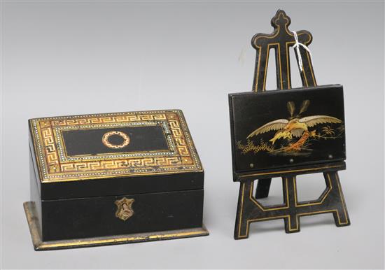 A novelty papier mache easel visiting card case and stationery box height 21.5in.