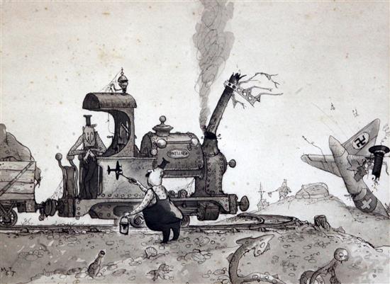 Rowland Emett (1906-1990) A branch line train and downed German fighter plane 8 x 10.5in. Rowland Emett (1906-1990) A branch line train and downed German fighter plane 8 x 10.5in.
