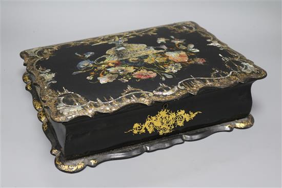A 19th century mother of pearl and painted papier mache writing slope length 37cm